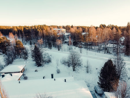 Aerial view of snowy landscape in Rovaniemi, Laplandの写真素材