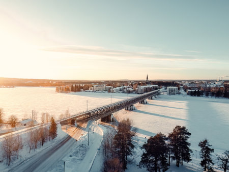 Aerial view of bridge from Ounasvaara to Rovaniemi in Laplandの写真素材