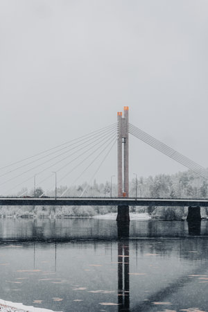 Bridge on snowy autumn day in Rovaniemi, Laplandの写真素材