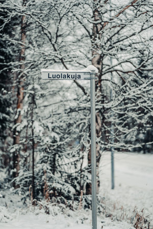 Luolakuja street sign on snowy day in Rovaniemi, Laplandの写真素材