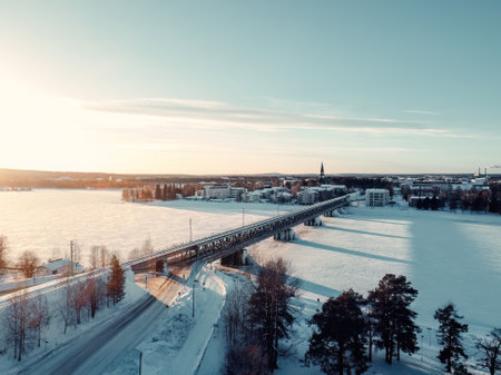 Aerial view of railway bridge in Rovaniemi, Laplandの写真素材