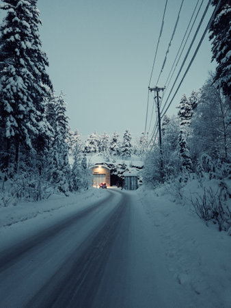 Snowy road through forest to nuclear bunker in Rovaniemi, Laplandの写真素材