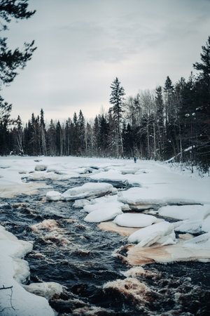 Rapids in arctic river at Vaattunkikongas in Rovaniemi, Lapland in winterの写真素材