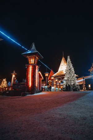 Santa Claus Village at night in winter in Rovaniemi, Laplandの写真素材