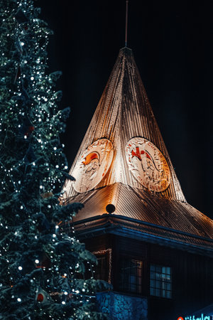 Santa Claus office in his village at night in Rovaniemi, Lapland in winterの写真素材
