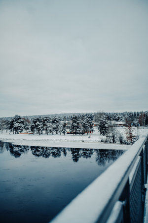 Ounasvaara forest and hill view from bridge in Rovaniemi, Laplandの写真素材