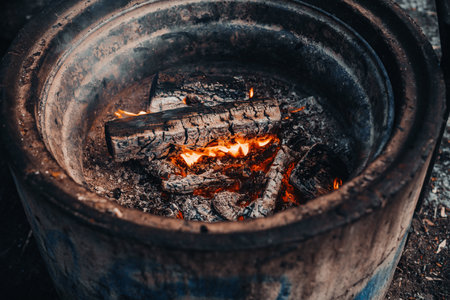 Fire in fireplace at Ounasvaara laavu in Rovaniemi, Laplandの写真素材