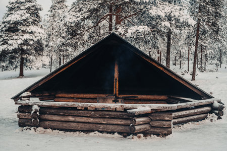 Ounasvaara forest laavu in the snowy winter in Rovaniemi, Laplandの写真素材