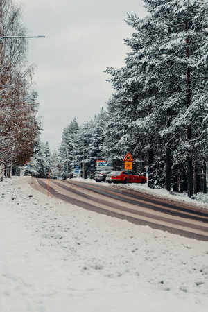 Road through forest in Ounasvaara with snowy trees in Rovaniemi, Laplandの写真素材