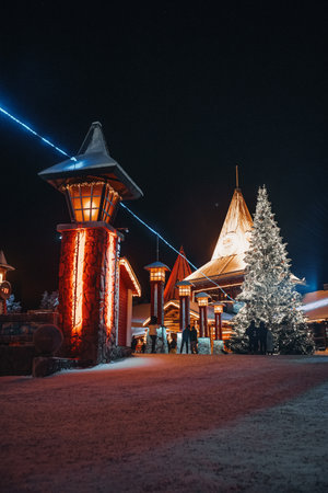 Santa Claus' Village at night in Rovaniemi, Lapland in winterの写真素材