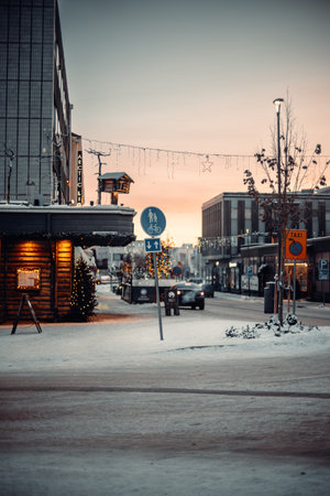 Sunset over Rovaniemi city center in winter in Laplandの写真素材