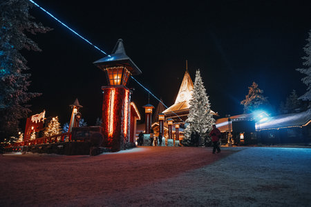 Santa Claus' Village in winter at night in Rovaniemi, Laplandの写真素材