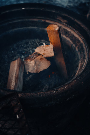 Firewood in fireplace in Rovaniemi, Laplandの写真素材