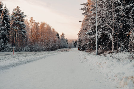 Snowy road through Syvasenvaara neighbourhood in Rovaniemi, Lapland in winterの写真素材