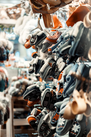 Shoes hanging in tourist souvenir shop in Rovaniemi, Laplandの写真素材