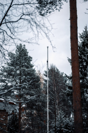 Flag pole in snowy trees in Rovaniemi, Laplandの写真素材