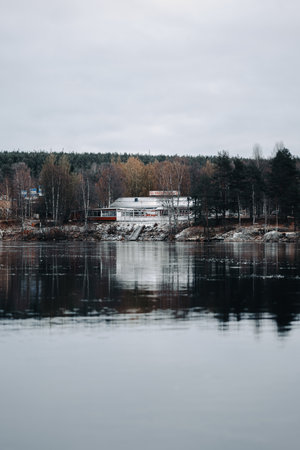 Campsite beside Kemijoki river in autumn in Rovaniemi, Laplandの写真素材