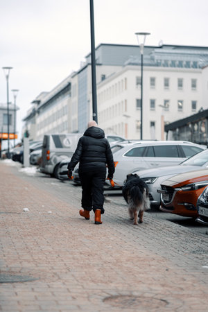 Woman and dog walkingの写真素材