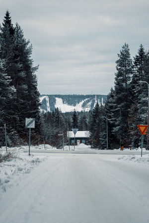 Ski resort in Ounasvaara shot from Syvasenvaara in Rovaniemi, Laplandの写真素材