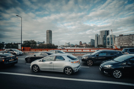 Cars on busy road in London, UK over bridgeの写真素材