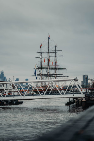 Old wooden boat on the River Thames in London, UKの写真素材