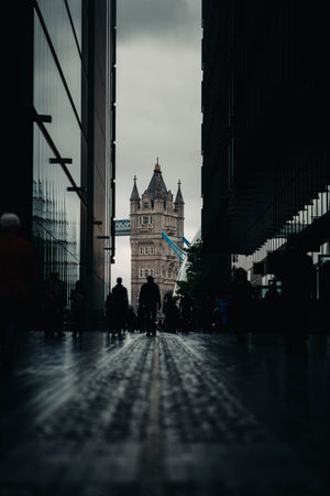 Tower Bridge at the end of street in London, UKの写真素材