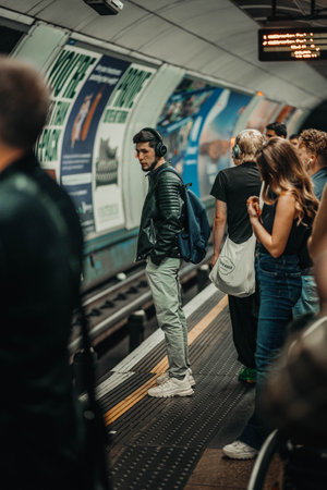 Man with headphones on platform waiting for London undergroundの写真素材