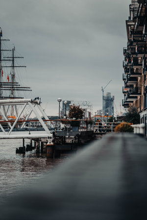 Boat docks near Shad Thames on river in London, UKの写真素材
