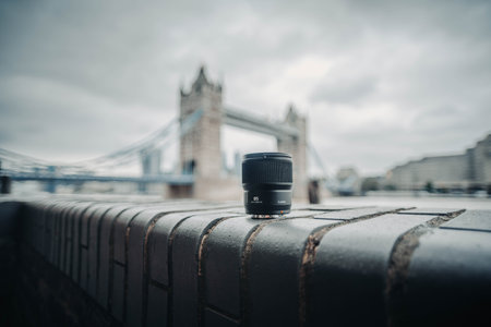 Landscape shot of lens in front of Tower Bridge in London, UKの写真素材