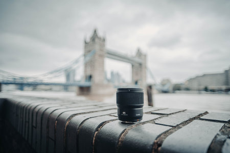 Shot of lens in front of Tower Bridge in London, UKの写真素材