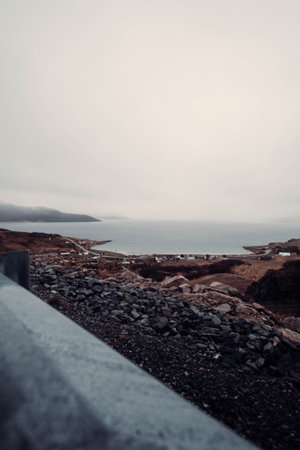 Arctic ocean landscape shot from mountains near Tromso, Norway in autumnの写真素材