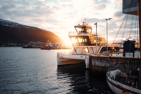 Arctic fjord cruise in Tromso harbour, Norway at golden hour sunlightの写真素材