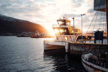 Arctic fjord cruise in Tromso harbour, Norway at golden hour sunlight