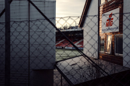Main stand on Tromso Idrettslag stadium in Tromso, Norwayの写真素材
