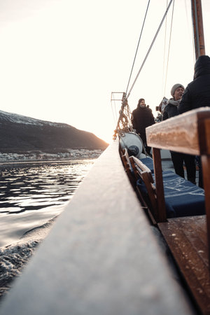 People on a sailing boat in Norwayの写真素材