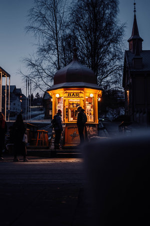 Raketten Bar at twilight in Tromso, Norwayの写真素材