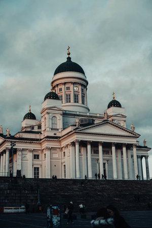 Helsinki Cathedral at cloudy sunset in autumnの写真素材