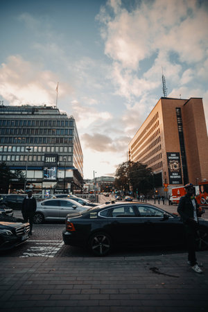 Busy road under beautiful sunset skyの写真素材