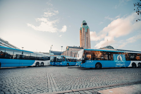 Buses outside train station in Helsinki, Finland
