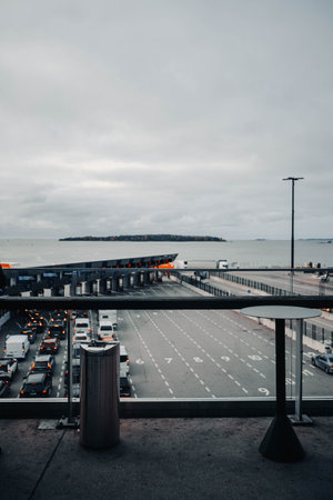 Queue of cars at the Port of Helsinki in autumn in Finlandの写真素材