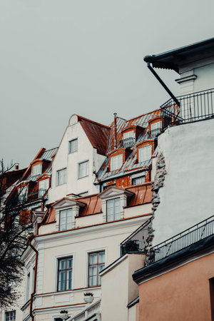 Old buildings in the old town in Tallinn, Estonia on cloudy dayの写真素材