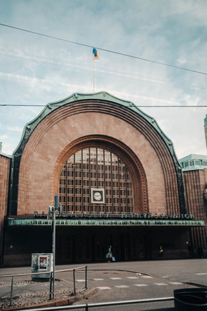 The main entrance to Helsinki central train station from tram window, Finlandの写真素材
