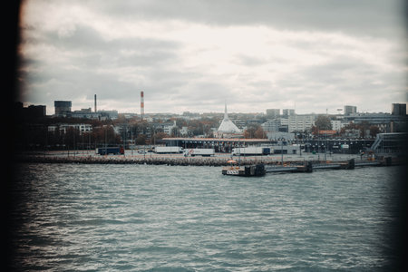 Tallinn port in autumn, shot from ferry window on Baltic seaの写真素材