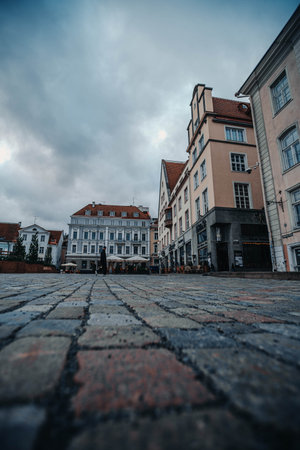 Cobblestone streets in the old town square in Tallinn, Estoniaの写真素材