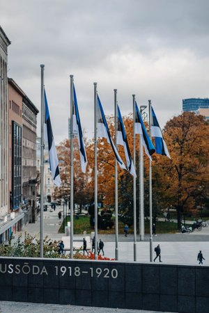 6 Estonian flags in the wind in front of autumnal trees in Tallinn, Estoniaの写真素材