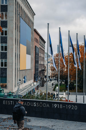 Ukraine and Estonia flags in autumn in Tallinn, Estoniaの写真素材