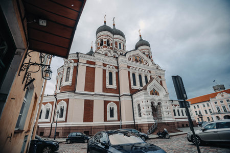Wide angle landscape shot of Alexander Nevsky Cathedral in Tallinn, Estoniaの写真素材