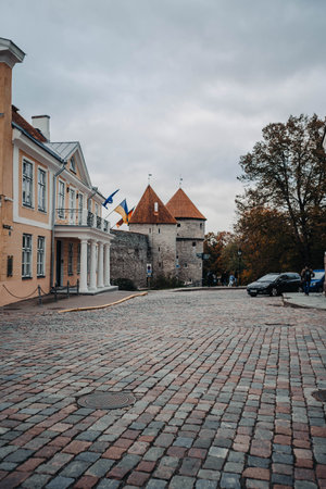 View of old town city wall from Alexander Nevsky Cathedral in Tallinn, Estoniaの写真素材