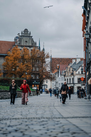 Street into the old town in Tallinn, Estonia on cloudy autumn day