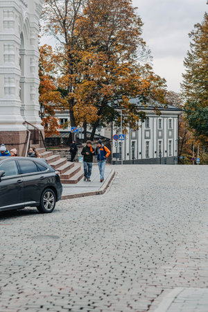 People walking outside Alexander Nevsky Cathedral in Tallinn, Estonia in autumnの写真素材